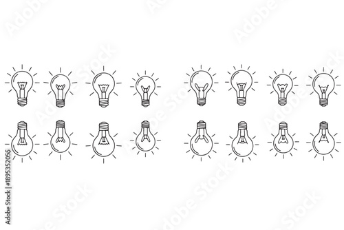 A collection of light bulb icons with various designs and expressions on a white background