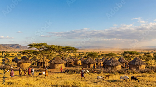 African tribal village panorama with mud huts and savanna nature background traditional indigenous settlement copy space rural landscape africa