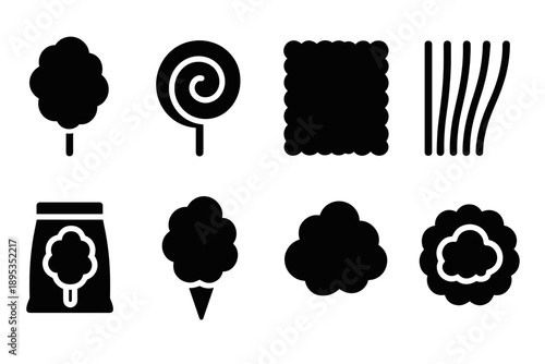 Candy and sweets silhouette icon set. Lollipop, cotton candy, cookie silhouette collection
