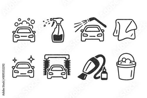 Car wash outline icon set. Automobile cleaning, maintenance, detailing illustrations