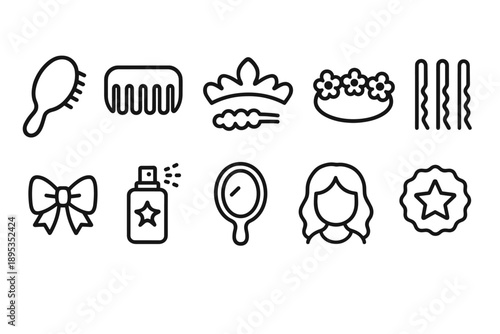Hair accessories outline icon set. Comb, brush, hairpin, bow, mirror line icons