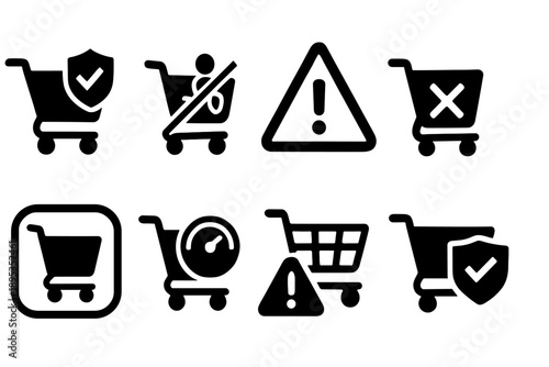 E-commerce solid icon set. Shopping, cart, warning, online store icons collection