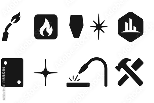 Welding and metalwork silhouette icon set. Tools, safety, construction silhouettes