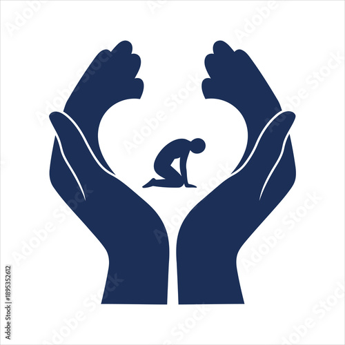 Protecting hands cradle a person within a heart shaped negative space