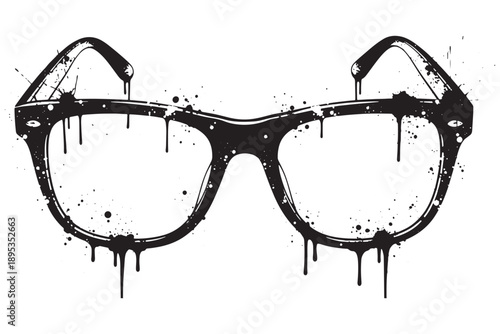 A pair of black glasses with paint splatters and drips on a white background
