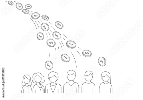Financial Opportunity Concept Represented By Falling Currency Symbols Above Stylized Crowd Diverse Group Of People Awaiting Rewards Or Investment