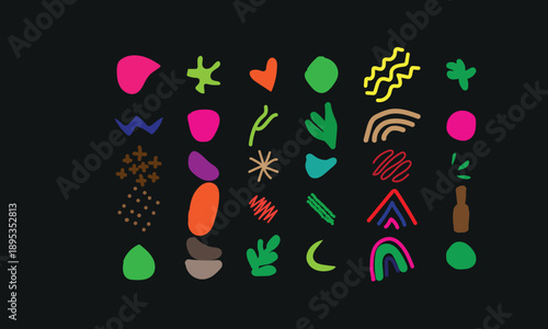 Collection of diverse abstract doodle shapes featuring bright vibrant colour and organic forms set against a solid deep black background offering versatile graphic design elements for creative project
