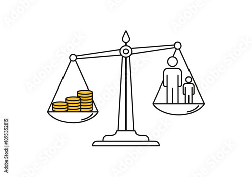 Visualizing Financial Equity and Societal Balance with Scales of Justice Depicting Coins and Human Figures Demonstrating Economic Value
