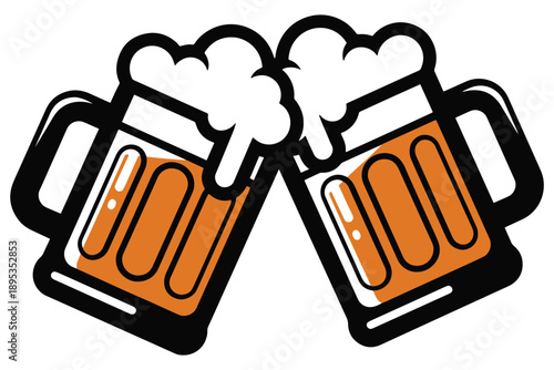 Two beer mugs clinking together with foam on top in a celebratory toast