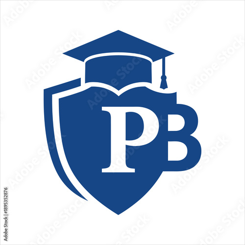 Blue and white emblem featuring a graduation cap and the letters pb