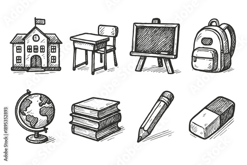 School and education sketch icon set. Hand-drawn, classroom, supplies sketch collection