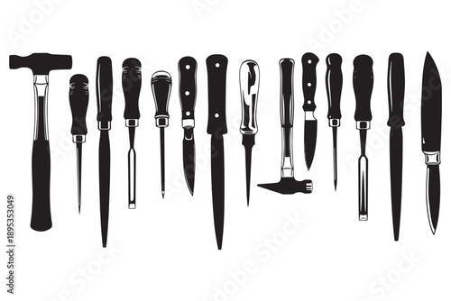 A collection of various tools and knives arranged in a row on a white background