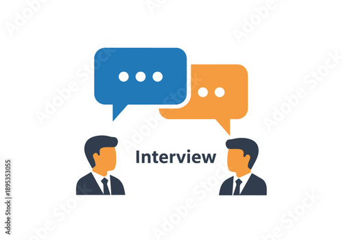 Two businessmen in discussion during a job interview meeting with speech bubbles communication concept