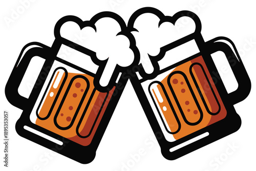Two beer mugs clinking together with foam on top in a celebratory toast