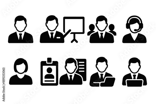 Business management solid icon set. Professional, corporate, office symbol collection