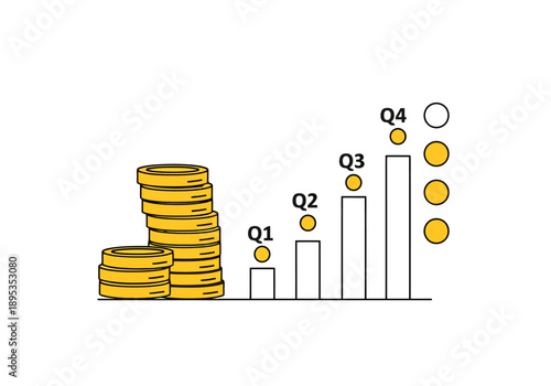 Financial Growth And Investment Returns Depicted By Stacks Of Coins And Escalating Bar Chart With Quarterly Markers Illustrating Positive Trend