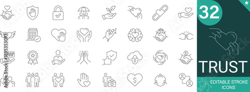 trust line icon set featuring security, protection, loyalty, honesty, confidence, faith, promise, privacy, safety, encryption, verified, guarantee, shield, certificate, editable stroke vector  set.