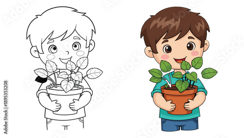 Childrens Gardening Illustration - Boy with Potted Plant