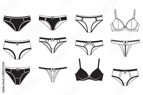 A collection of various women's underwear and lingerie on a white background