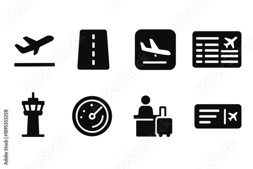 Airport and travel solid icon set. Aviation, journey, vacation icons collection