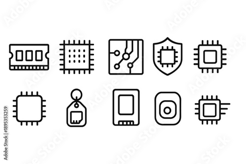 Electronic components line icon set. Circuit, chip, circuit board, semiconductor icons