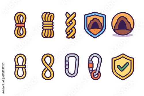 Climbing gear outline icon set. Adventure, safety equipment symbols collection
