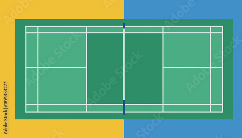Tennis court illustration viewed from above on yellow and blue background with green surface and white lines