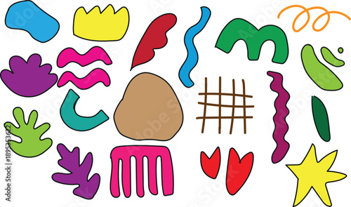 Abstract collection of vibrant doodle shapes featuring organic forms playful squiggles bright solid colour and various outlined illustrations perfect for modern design projects or artistic backgrounds