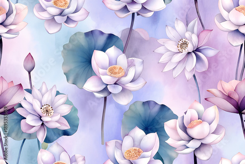 A seamless pattern with pichwai style lotus arranged in a tile-style repeat on a turquoise background. It can be used for printing on various surfaces like textiles and paper or digital work as well. 