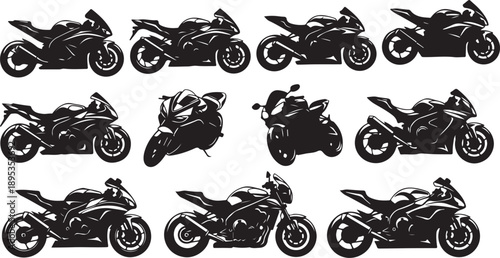Collection of various motorcycle silhouettes in black and white