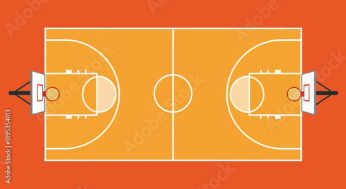 Detailed illustration of basketball court layout on orange background viewed from directly above showing court markings and hoops