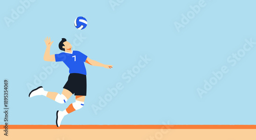 Volleyball player in mid-air, spiking the ball with intensity and focus on a court, captured from a side viewpoint