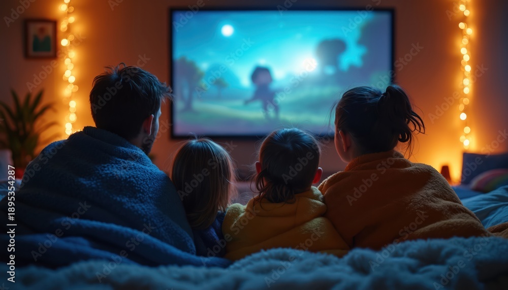 Obraz premium Family cuddles under blankets watching movie on big screen at home. Cozy atmosphere with fairy lights, shared joy and connection. Children and parents enjoy time together, engrossed in story.