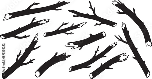 Collection of black tree branches on white background illustration