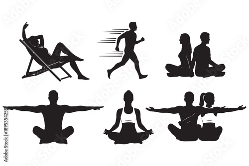 A group of people practicing various forms of exercise and relaxation in different poses