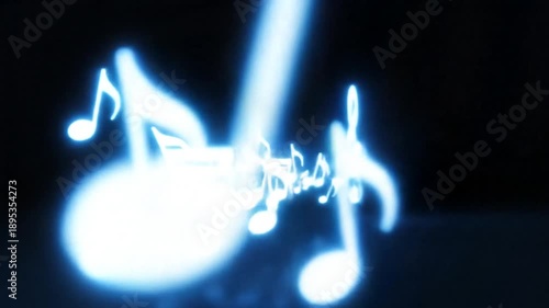 Glowing blue music notes floating on dark background with bokeh effect, for creative music-related projects