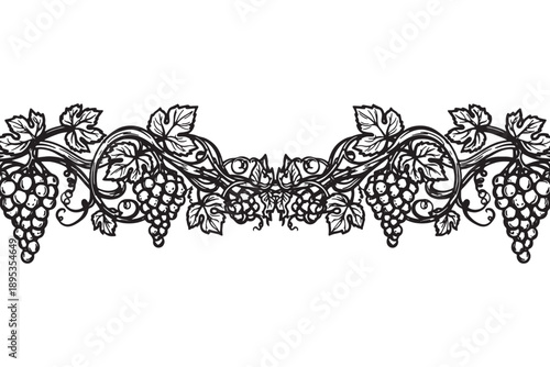 An intricate black and white illustration of a grapevine border with lush leaves and clusters of grapes on a plain white background.