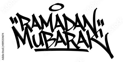 Ramadan Mubarak graffiti tag handstyle lettering. Large bold urban street art typography for Islamic greeting. Gritty black ink marker calligraphy with halo icon.
