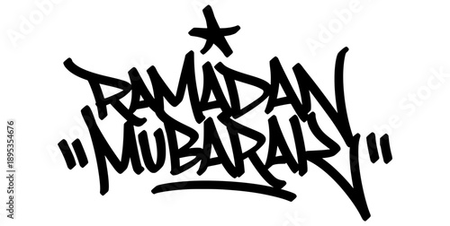 Bold Ramadan Mubarak graffiti tag handstyle. Large urban street art typography for Islamic greeting. Gritty black ink marker calligraphy with halo and drip style.
