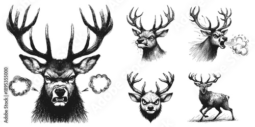 Angry deers line art drawing pen sketch vector