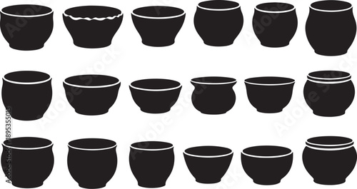 Collection of black bowls with white outlines on display