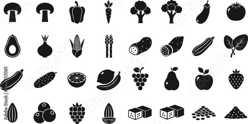 Black silhouettes of various fruits and vegetables on white background