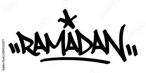 Bold Ramadan graffiti tag handstyle lettering. Large urban street art typography for Islamic theme. Heavy black ink marker calligraphy for streetwear design.
