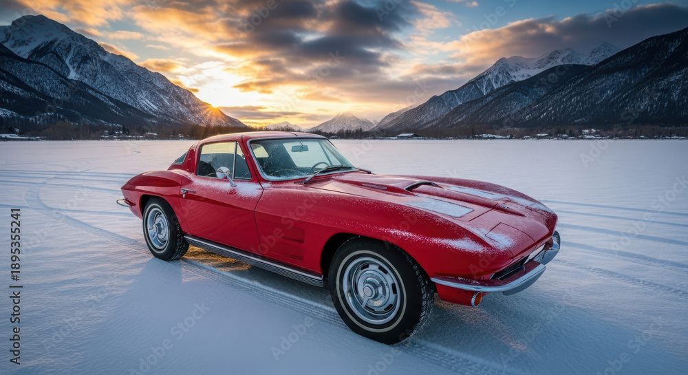 Naklejka premium Classic red sports car on frozen lake surface with snow capped mountain peaks at sunset sky