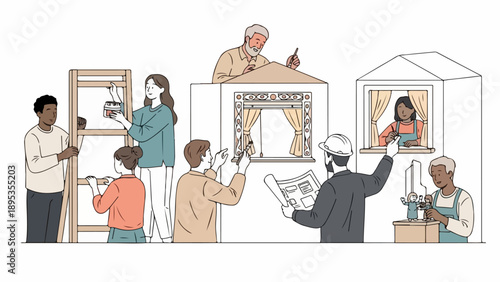 Diverse people engaged in vital community building, collaborating on construction and creative projects. Individuals improving homes, crafting, and decorating spaces,