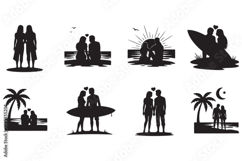 A collection of black silhouettes depicting couples and friends in various beach scenes with palm trees and surfboards.