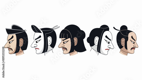 Five stylized Kabuki theater masks in profile, showing traditional Japanese faces with bold stage makeup. Distinct Kabuki theater masks depict unique hair, expressions, classic performance art.