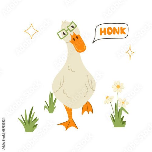 Grumpy goose wearing glasses. Card with funny meme quote phrase Honk. Vector cartoon Illustration with playful character for typography T-shirt design, social media, sticker