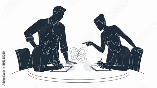 Problem solving team silhouettes gather at round table, discussing abstract knot. Leaders guide junior members, collaborating on intricate project, developing solutions.