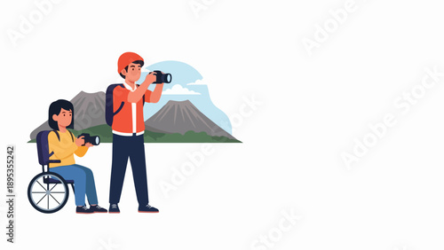 Enjoyable accessible travel photography experience with two tourists capturing mountain landscape view. Diverse couple engages in accessible travel photography,